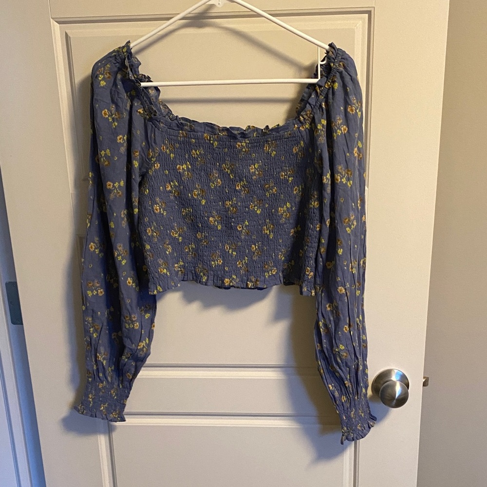 aerie Blue Floral Smocked Long Sleeve Crop Top with Yellow Accents